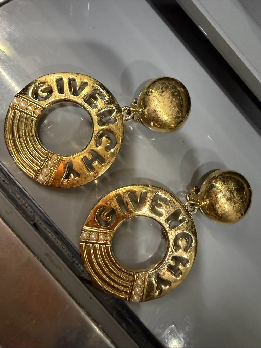 Givenchy Gold-Tone Logo Disc Drop Earrings with Pearl Accents